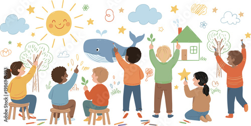 Vector illustration of children drawing creative pictures with crayons and brushes in imaginative design