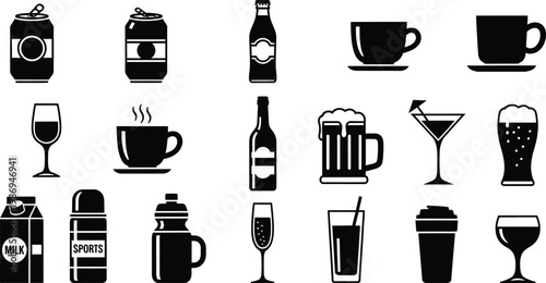 Black and white of various drinks and drinkware drink beverage symbols black and white drinkware cups