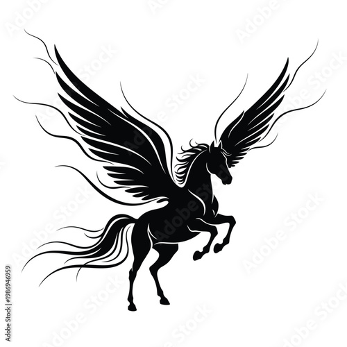 Black silhouette of winged horse.
