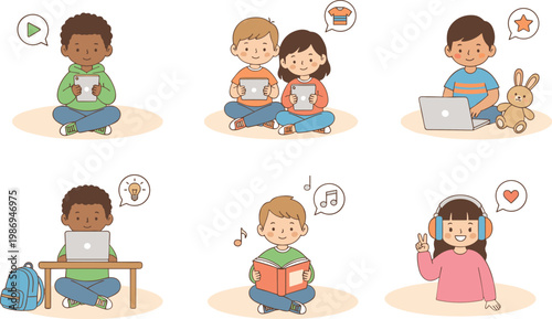 Vector illustration of children using tablets, laptops, headphones and books in technology and learning design