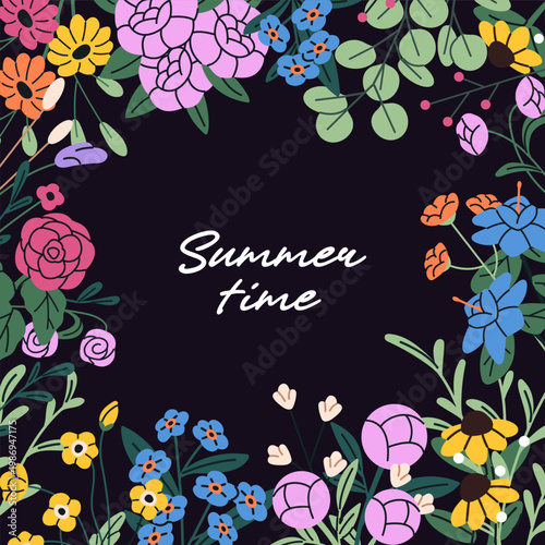 Design of greeting card circle floral border. Template of round frame from different bouquets of wildflowers. Branches of bloom meadow plants, peonies, roses with leaves. Flat vector illustration