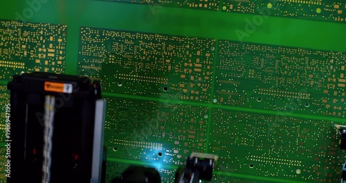 Modern Production of electronic circuit boards. Digital technological production of motherboards on CNC machine. Close-up of robotic equipment in high-tech production. PCB assembly.