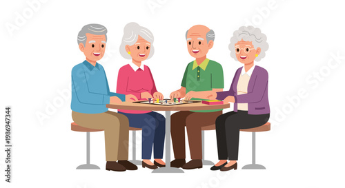 Happy senior men and women enjoy a classic board game with colorful plastic pegs while sitting together at a small circular wooden table indoors now.