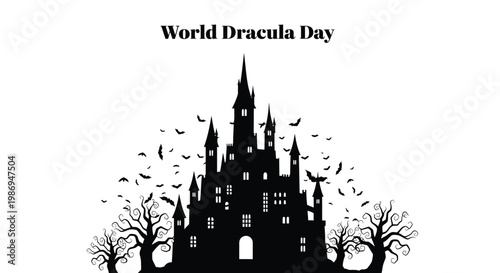 Vector illustration of a spooky gothic castle silhouette with flying bats for a world dracula day celebration