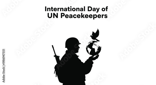 Silhouette vector illustration of a peacekeeping soldier holding a globe with a flying dove for international celebration