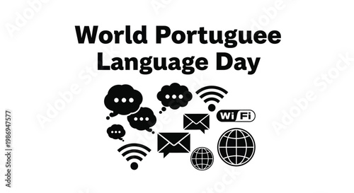 Black and white vector graphic illustration celebrating world portuguese language day with global communication icon design elements