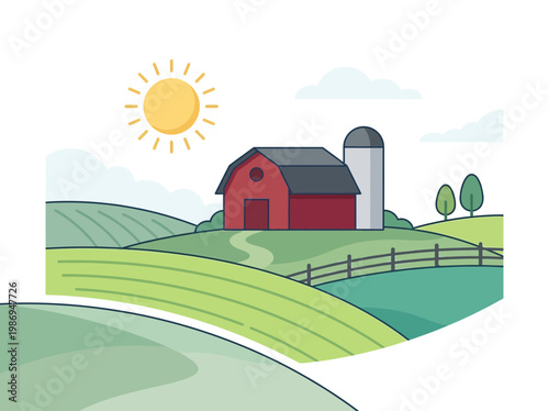Red Barn Farm Illustration with Green Fields and Blue Sky in Peaceful Rural Landscape