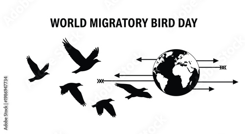 World Migratory Bird Day vector illustration featuring flying bird silhouettes and a globe representing global migration.