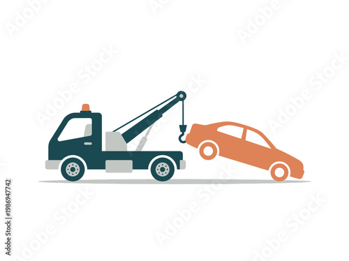 Tow Truck Lifting Car with Hook in Flat Design Style for Roadside Assistance and Automotive Service Concept