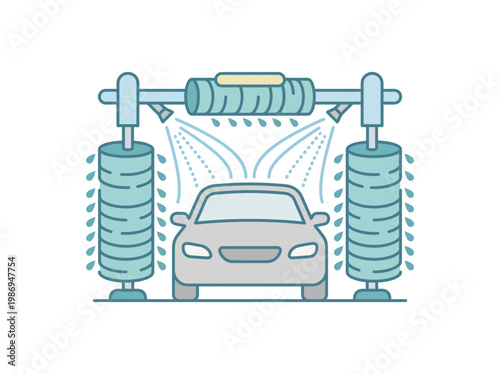 Automatic Car Wash Illustration with Brushes and Water Jets Cleaning Vehicle in Minimal Style