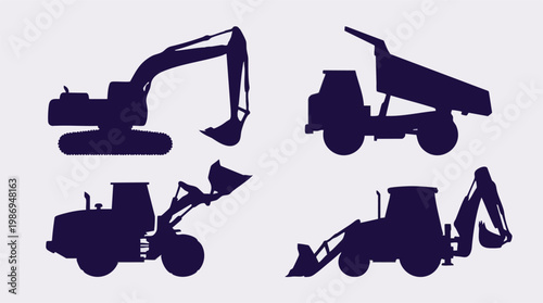 Heavy Construction Vehicles Silhouettes Collection on White Background