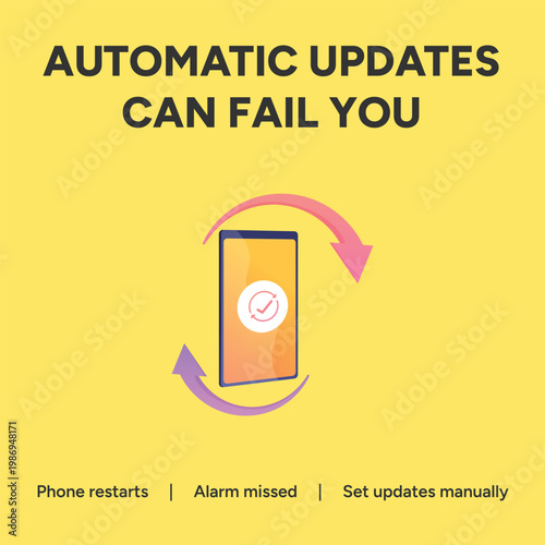 Vector illustration highlighting the risks of automatic phone updates and their potential to cause missed alarms or unwanted device restarts.