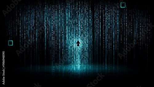 Icon Dissolves Into Flowing Binary Code in a Deep Blue Backdrop for Digital Transformation