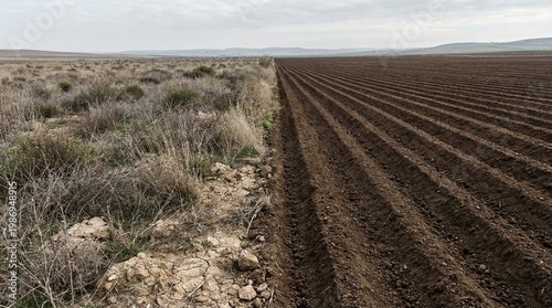 Contrast of dry, uncultivated land and freshly plowed agricultural field.