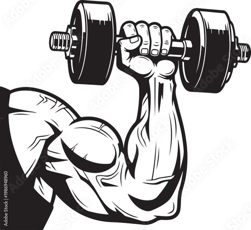Strong bicep muscle lifting heavy dumbbell representing fitness bodybuilding and weight training power illustration