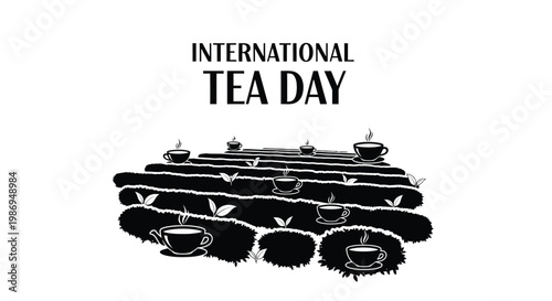 Elegant vector graphic design celebrating international tea day with artistic tea cups arranged on a plantation landscape