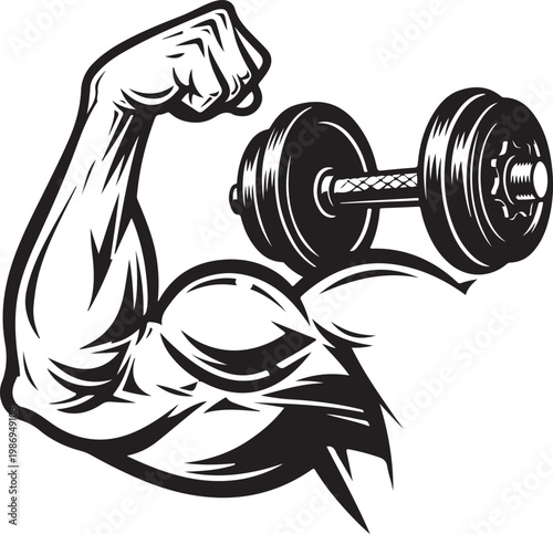 Strong muscular bicep arm flexing and lifting heavy barbell weight, black and white gym workout illustration
