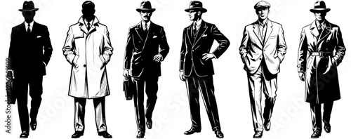 Vintage Film Noir Style Men in Suits and Hats Illustration Set
