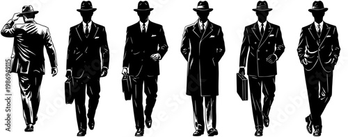 Silhouettes of Gentlemen in Vintage Suits and Fedora Hats