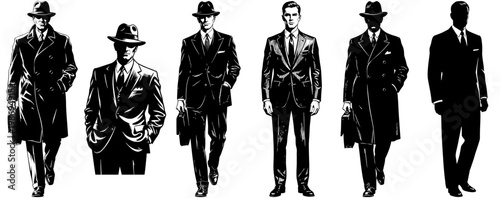 Set of Vintage Men in Suits and Fedoras Noir Illustration