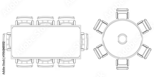 Conference Room Furnishings: Overhead views of rectangular and round tables surrounded by chairs, ready for collaboration and discussion.