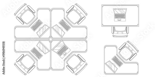Office layout: A top-down perspective showcases an efficient and collaborative office layout, complete with desks, chairs, and individual workspaces optimized for productivity.