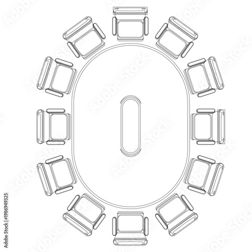 Conference Room Arrangement: An overhead view captures a contemporary conference room setup, showcasing an oval table surrounded by an arrangement of chairs.