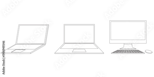 Tech Evolution: A minimalist, clean illustration featuring a Laptop and desktop computer, symbolizing progress and digital workspace.