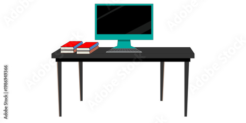Minimalist Workspace: A sleek black desk, adorned with a monitor and a stack of books, creates a clean and efficient workspace, perfect for productivity and focus.