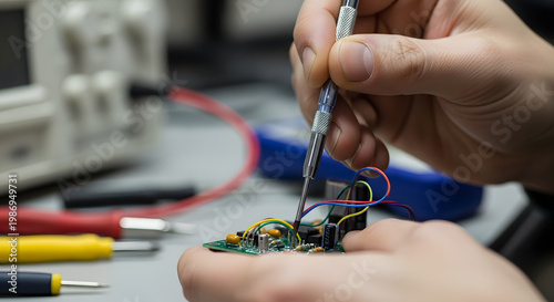 Close-up of a person's hands carefully working on a complex electronic circuit board with small tools and wires