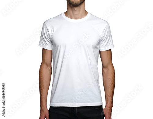Male model wearing plain white t-shirt, isolated on white background