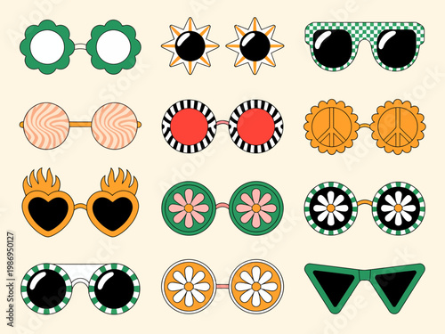 Collection of retro groovy sunglasses with floral heart and peace sign vintage fashion