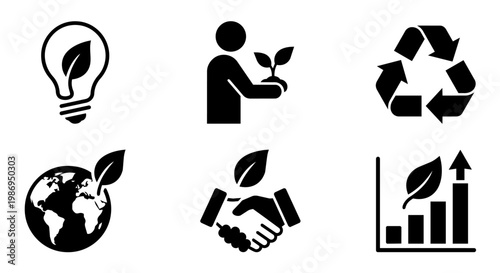 sustainability icon set, corporate ESG and green business glyph icons in clean vector