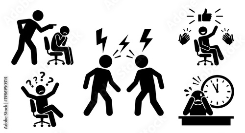 workplace emotion icon set, office drama and communication glyph icons in clean vector style