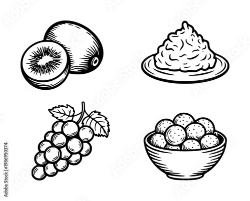 Hand drawn black and white of kiwi fruit grapes mashed potatoes and meatballs bunch