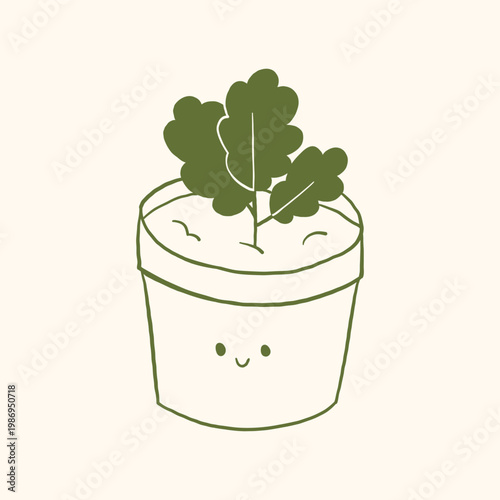 Vector outline gardening illustration cheerful potted plant with smiling face in minimalist line art. Hand drawn plant for farm eco project and children graphic. Agriculture cute monochrome clipart.