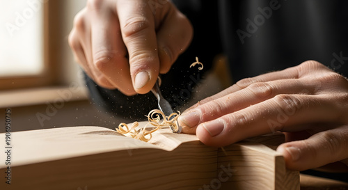 Close-up of skilled hands carving wood with a chisel, creating fine wood shavings