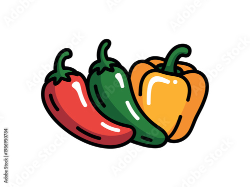 A colorful illustration of three peppers on a white background
