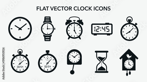A professional vector illustration set of vintage and modern clock icons including an alarm, stopwatch, and sand hourglass to represent business time management and deadlines