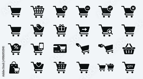 Vector illustration set of black shopping cart icons and coffee cup symbols for cafe web design