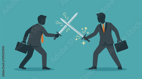 Business competition concept with two businessmen fighting with swords