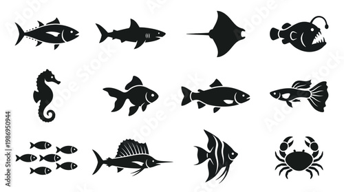 A set of black vector silhouettes and cartoon icons featuring marine animals like sharks, salmon, and tuna for underwater fishing design or seafood symbol art