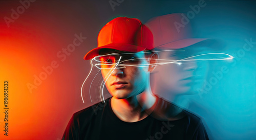 A young man wearing a red baseball cap with a futuristic light effect across his face