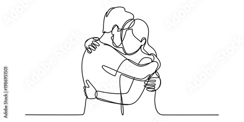 Minimalist continuous line art drawing of a man and a woman sharing a tender emotional embrace Vector, illustration