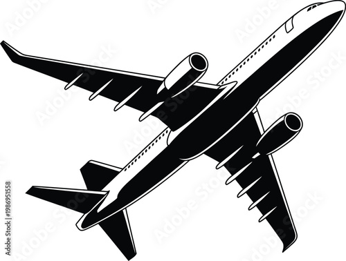 Black silhouette of a commercial jet airplane soaring upwards from a side perspective with air vehicle airplane aircraft silhouette aviation transportation airliner commercial transport