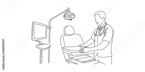 A black and white line drawing depicting a medical doctor preparing a clinical examination chair Vector, illustration