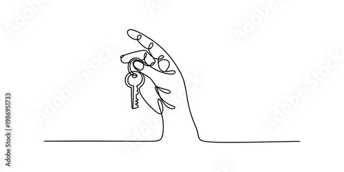 A single continuous line drawing of a human hand holding a metal key isolated on white background Vector, illustration