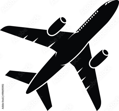 Silhouette of a modern passenger airplane in flight viewed from above and behind air vehicle airplane aircraft silhouette aviation transportation airliner commercial transport terminal