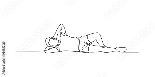 A single continuous line drawing of a person resting comfortably while lying on their side today Vector, illustration