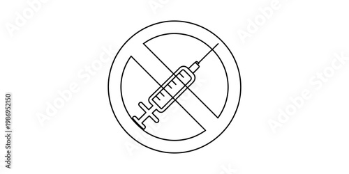A black and white line art illustration of a no syringe symbol used as a warning prohibition sign Vector, illustration